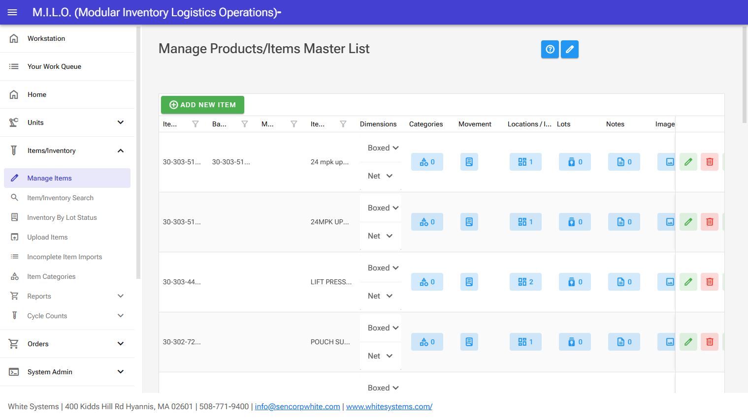 MILO Software: Manage Products / Items Master List