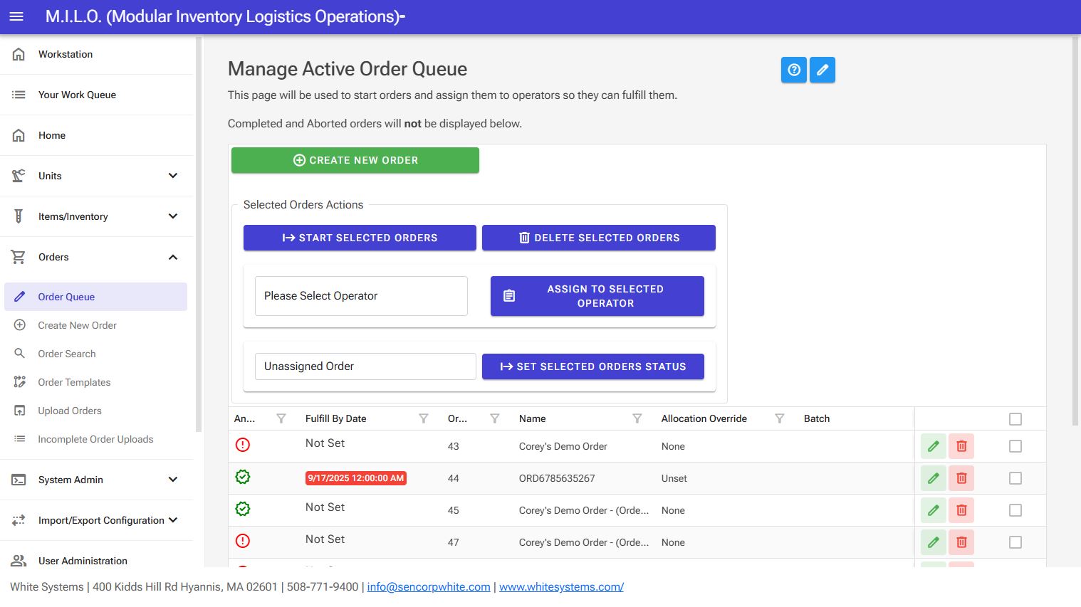 MILO software Active Order Queue